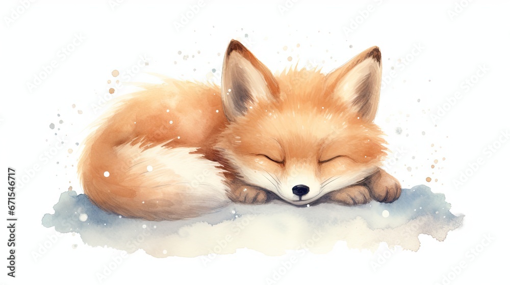  a watercolor painting of a sleeping fox on a snow covered ground with its head resting on its paws, with its eyes closed.  generative ai