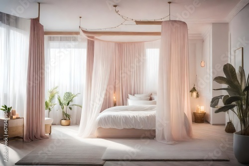 A serene and tranquil bedroom with a canopy bed, soft pastel colors, 