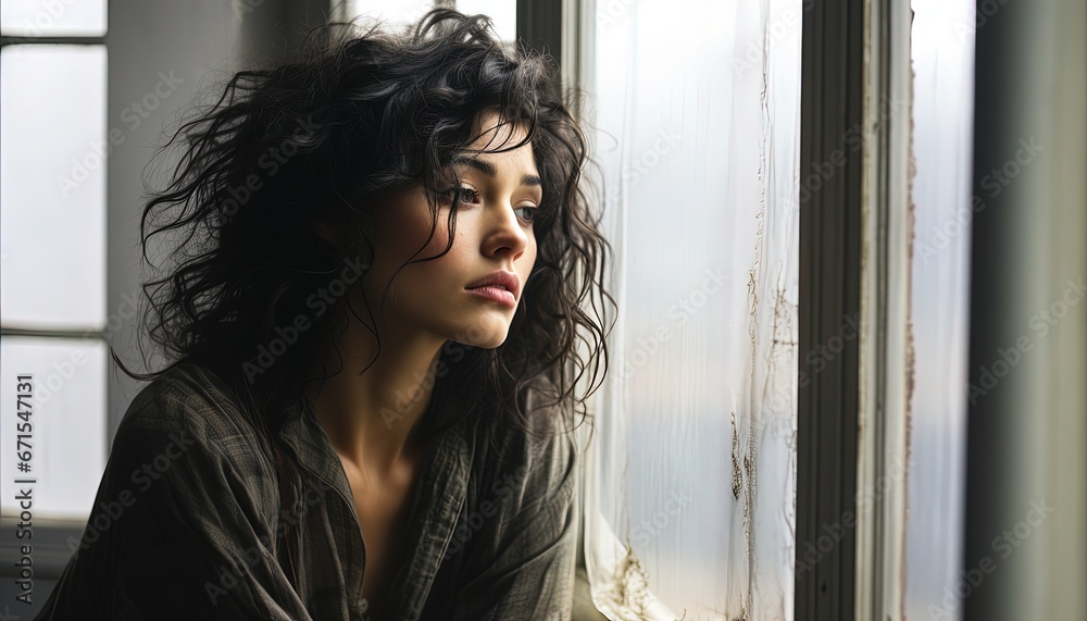 A woman with black hair looks sadly and regretfully out the window, as if she couldn't go outside. For resorts, protection against viruses. A woman with black hair looks sadly and regretfully out the window, as if she couldn't go outside. For resorts, protection against viruses.