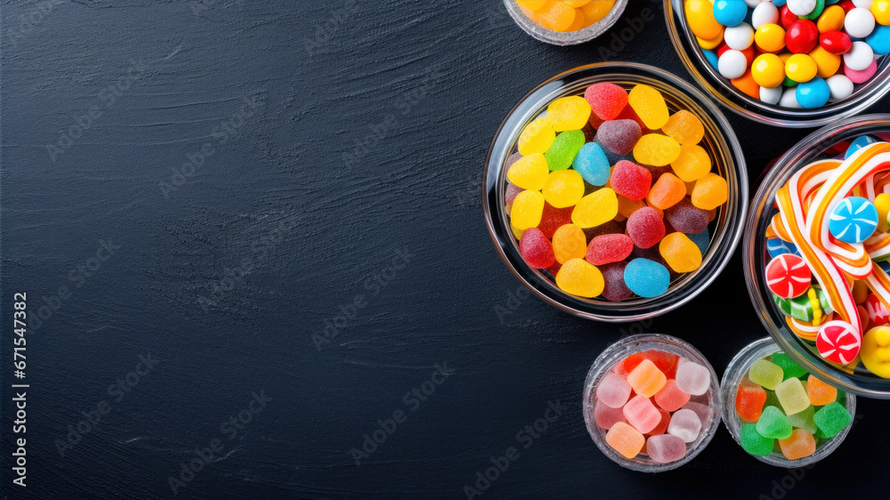 Colorful candies in glass bowls on black background. Top view with copy space Colorful candies in glass bowls on black background. Top view with copy space