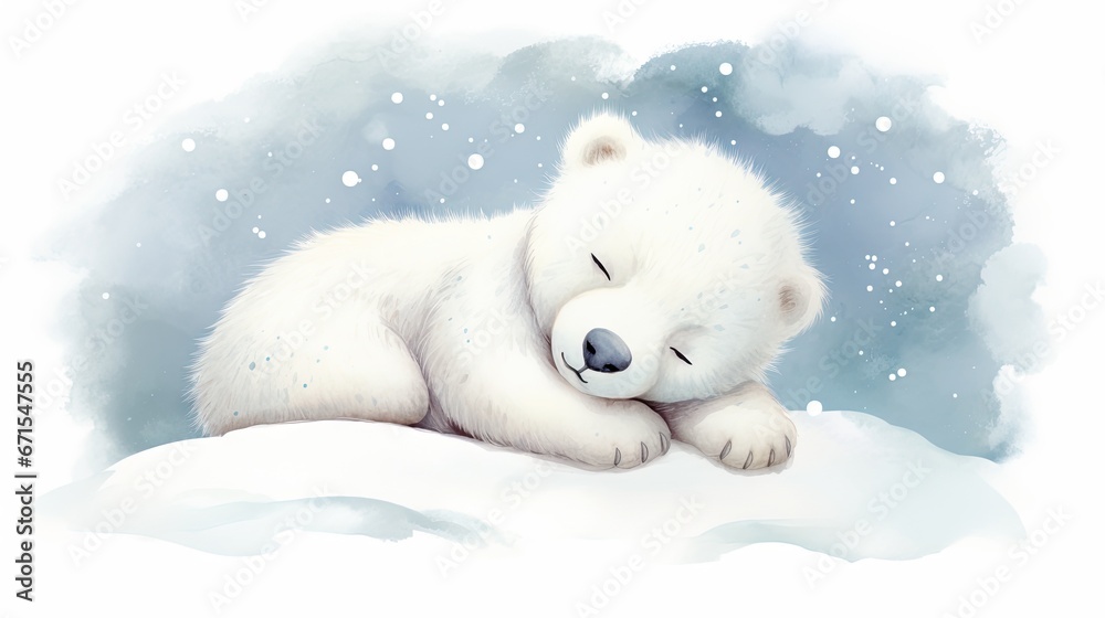  a drawing of a polar bear sleeping on a snow covered ground with his head resting on his paw on top of a pile of snow.  generative ai