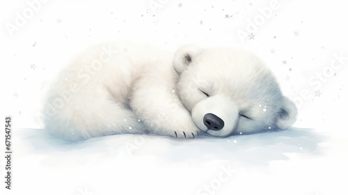  a white polar bear laying on its side with its eyes closed and eyes closed, with snow falling around it.  generative ai