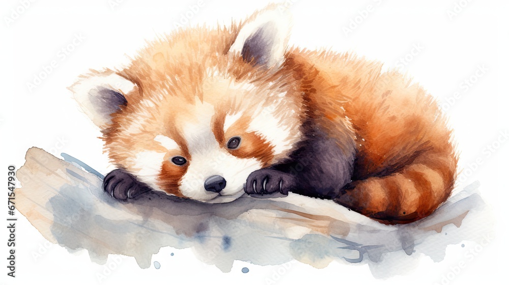 Obraz premium a watercolor painting of a red panda bear resting on a branch with its head resting on the paw of another animal. generative ai