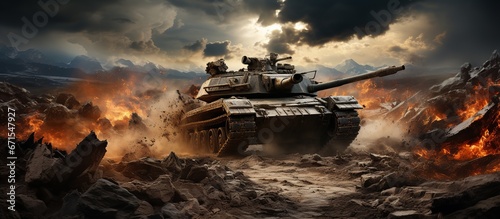 Silhouettes of military fighting under a cloudy sky tanks and armored vehicles fighting against the fog of war background	