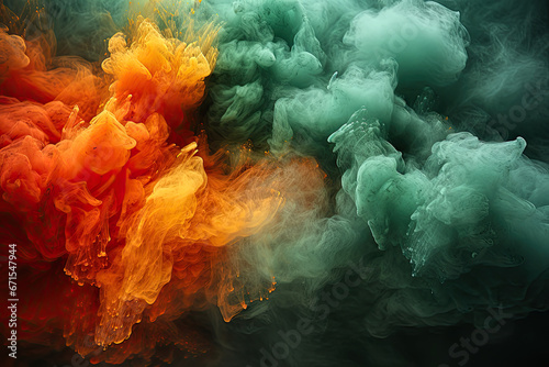 Green and orange colored smoke clouds mixing and coming together.  © Melvillian