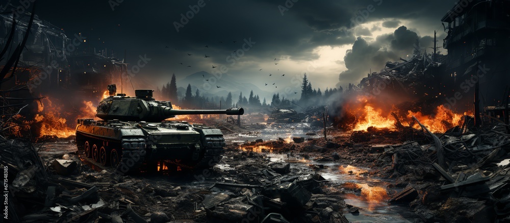 Empty street of destroyed after the World War 2 european city with wrecks of burning tank among building ruins at night Empty street of destroyed after the World War 2 european city with wrecks of burning tank among building ruins at night