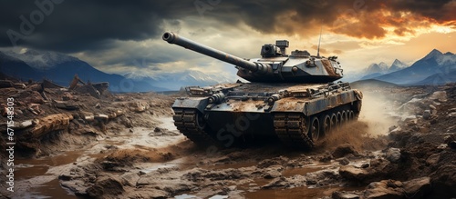 Silhouettes of military fighting under a cloudy sky tanks and armored vehicles fighting against the fog of war background	
