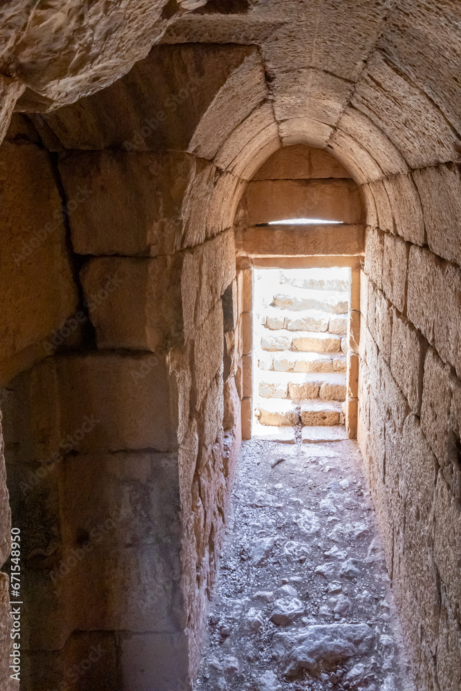 Tunnel passage in the tower of the medieval fortress Nimrod - Qalaat al-Subeiba located near the border with Syria and Lebanon on the Golan Heights, in northern Israel Tunnel passage in the tower of the medieval fortress Nimrod - Qalaat al-Subeiba located near the border with Syria and Lebanon on the Golan Heights, in northern Israel