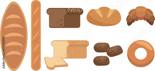 a set of different bread. baking flat style 8 images with bread, baguette, croissant, bagel and buns