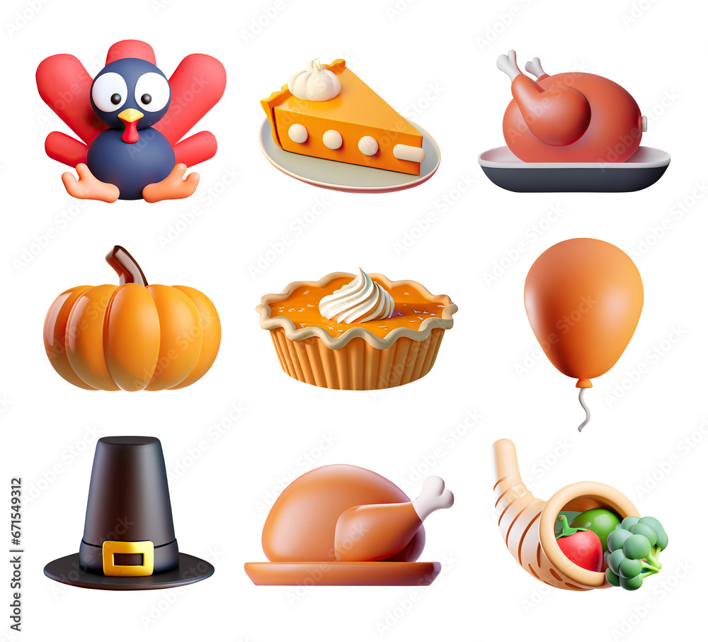 Thanksgiving 3D graphic elements, stickers collection. Thanksgiving symbols and decoration elements. Turkey, pumpkin, pilgrim hat, pumpkin pie and other illustrations collected in big set - obrazy, fototapety, plakaty 