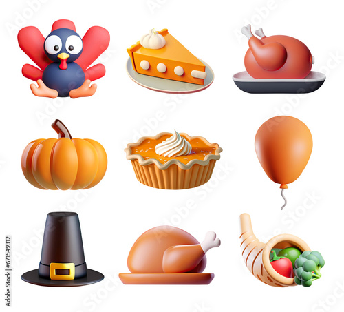 Thanksgiving 3D graphic elements, stickers collection. Thanksgiving symbols and decoration elements. Turkey, pumpkin, pilgrim hat, pumpkin pie and other illustrations collected in big set photo