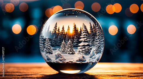 A glass sphere with a Christmas landscape. Space for text.