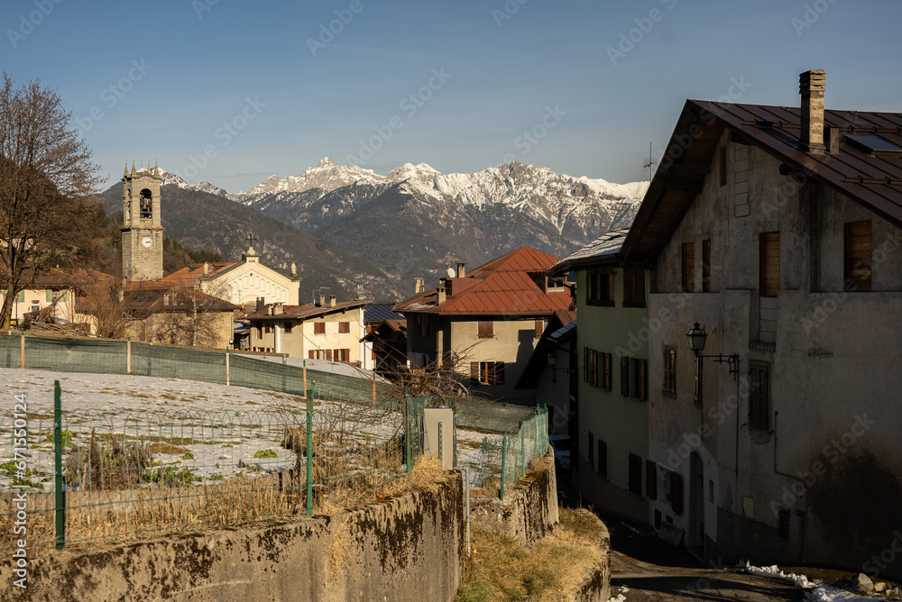 Italian mountain town Breguzzo in alps. Adamello Brenta park in dolomites itlian Alps in Trentino.