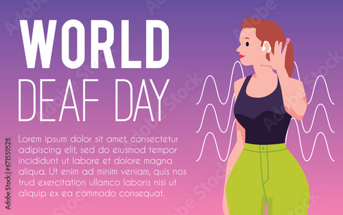 Deaf woman with hearing aid, person has health problems and using medical gadget in ear, World deaf day vector poster