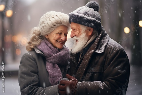 Winter Wonderland Walk Senior Couple Embracing Cold