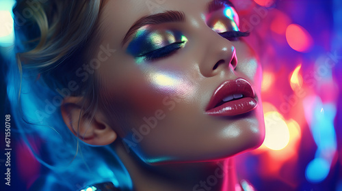 High fashion blonde model in colorful bright neon lights posing at club. Portrait of beautiful girl with trendy glowing make-up. 8 March  Valentine day  Birthday party  International women day