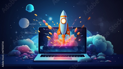 a laptop with a rocket launching out of it photo