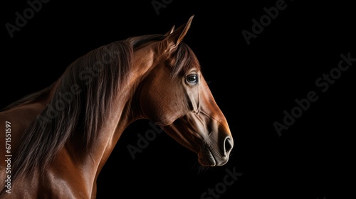  a close up of a horse s head on a black background with a spot in the middle of the horse s head.  generative ai