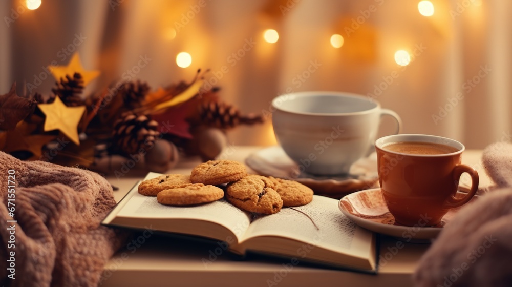 Autumn banner with autumn decorations, a flanell sweater, a book, a mug with hot coffee, a burning candle