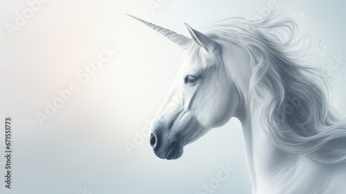  a close up of a white unicorn s head with a long mane and a blue sky in the background.  generative ai