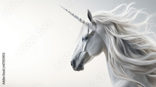  a close up of a white unicorn with a long mane and a blue - eyed look on its face, with long hair blowing in the wind. generative ai