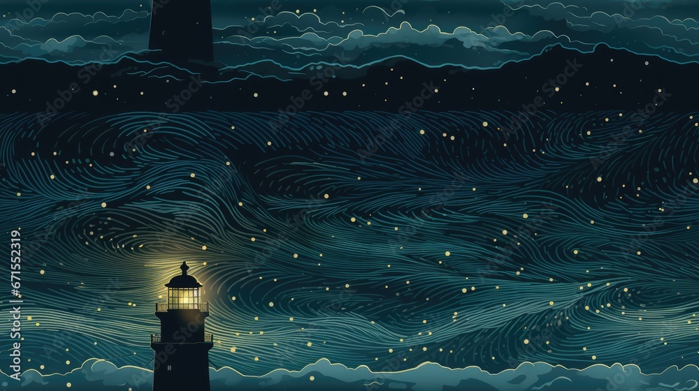 a painting of a lighthouse at night with a sky full of stars and a ...
