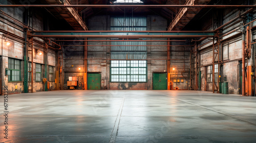 Industrial interior of an old factory or warehouse. Empty warehouse with light coming through openings.