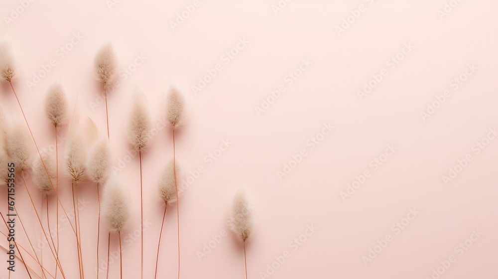 Dried bunny tail grass on pink background. Blush pink and neutral color as aesthetic and minimalism style wallpaper. Natural elements on pastel colored wall with fragile and feminine objects. - obrazy, fototapety, plakaty 