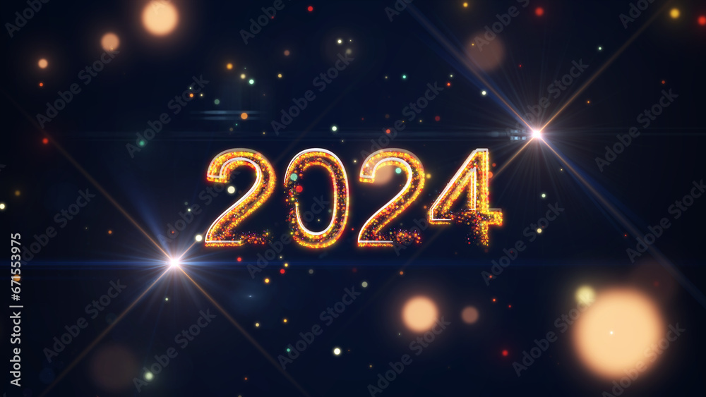 Happy New Year 2024 The numbers 2024 consist of small multi-colored particles centered on a dark blue background. Bokeh scattered around New Year's celebration Happy New Year 2024 The numbers 2024 consist of small multi-colored particles centered on a dark blue background. Bokeh scattered around New Year's celebration
