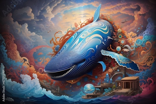 a surreal work featuring whales against a colorful background, generative AI © KucingOyen