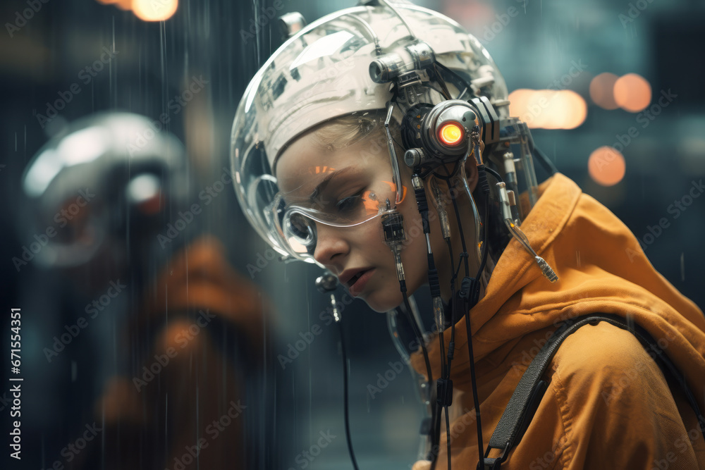 Futuristic portrait of woman in orange jumpsuit and cyber helmet Futuristic portrait of woman in orange jumpsuit and cyber helmet