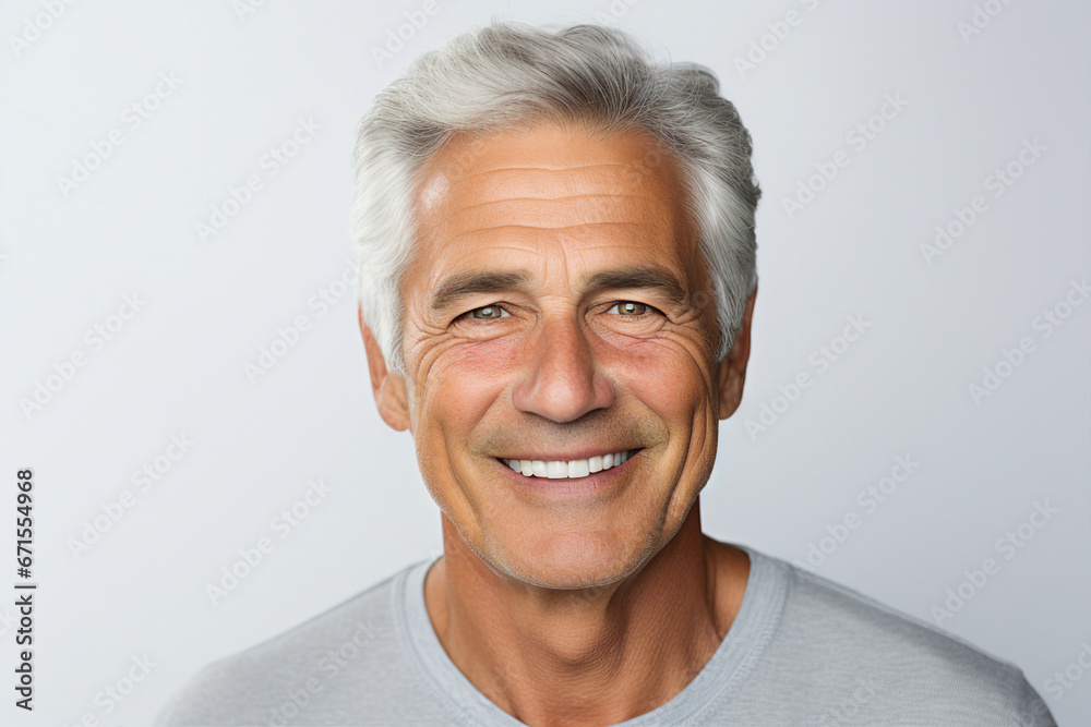 Portrait of handsome man with bright smile veneers after dentist isolated on white background