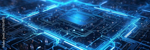 high-tech supercomputer cpu, futuristic technology background with complex shapes, blue glowing circuit board design photo