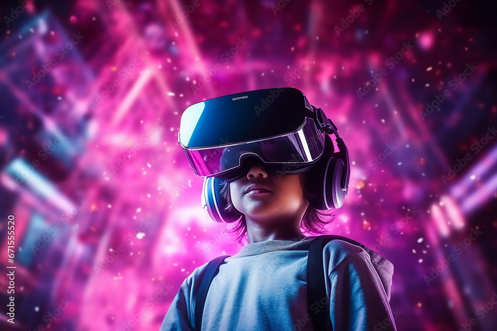 Generative AI image picture of funny person headset user in vr glasses isolated on colorful neon background Generative AI image picture of funny person headset user in vr glasses isolated on colorful neon background