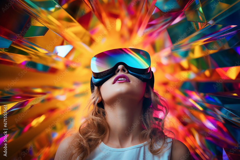 Modern technology user in VR headset goggles watching virtual reality metaverse tech future progress ai generative Modern technology user in VR headset goggles watching virtual reality metaverse tech future progress ai generative