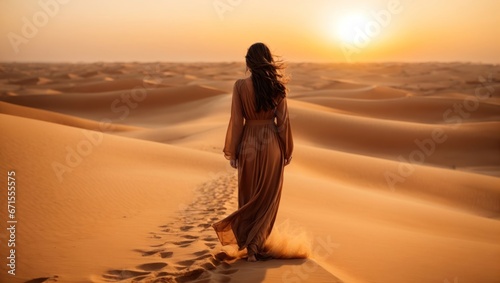 A young girl walks in the desert
