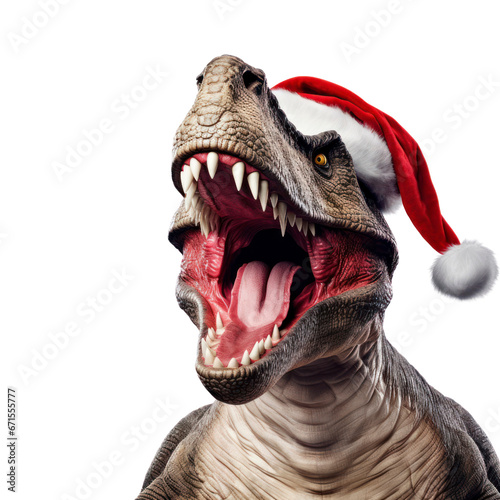 Dinosaur wearing a Santa hat roaring Christmas cheer. PNG. © MADMAT