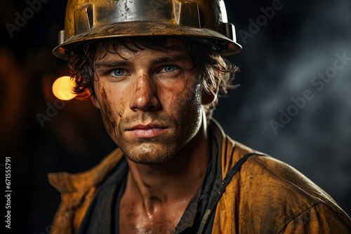 Generative ai technology portrait of mine worker wearing helmet extracting coal resources dirty face © Tetiana