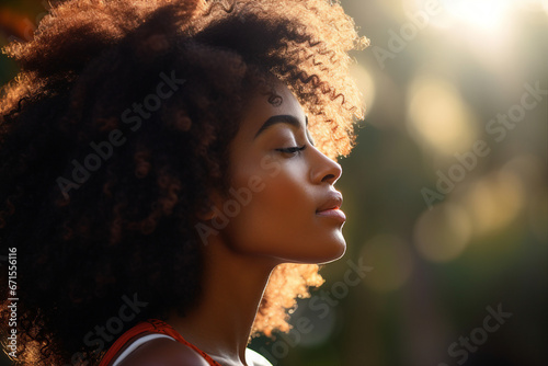 Mindfulness stress releasing concept young woman practicing meditation close with nature Generative AI portrait photo