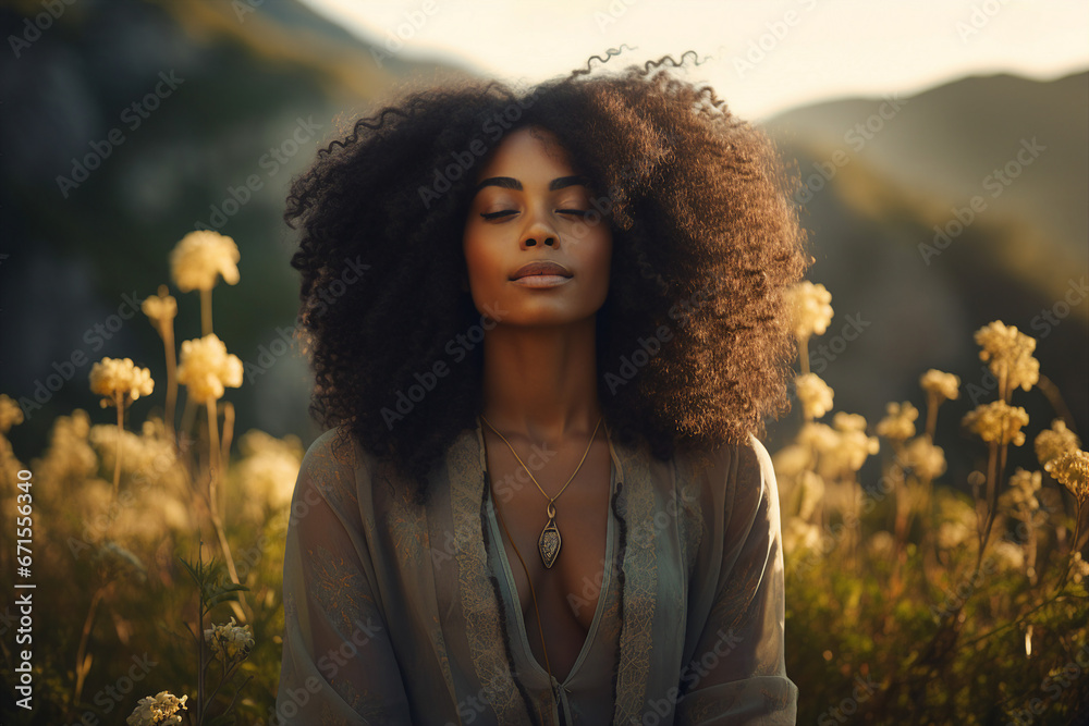 Mindfulness stress releasing concept young woman practicing meditation close with nature Generative AI portrait - obrazy, fototapety, plakaty 