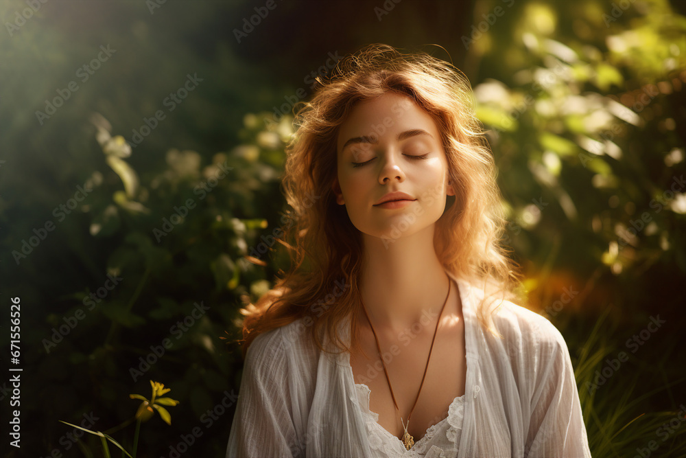 Mindfulness stress releasing concept young woman practicing meditation close with nature Generative AI portrait