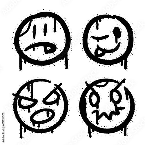 Graffiti grunge face. Cartoon aerosol fun expression. Spray funky paint art with leak and dot. Street art and urban vandalism symbol. Black grungy spill character isolated on white