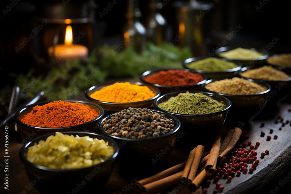 Generative AI image of many little jars of assorted aromatic spices and seasonings Generative AI image of many little jars of assorted aromatic spices and seasonings