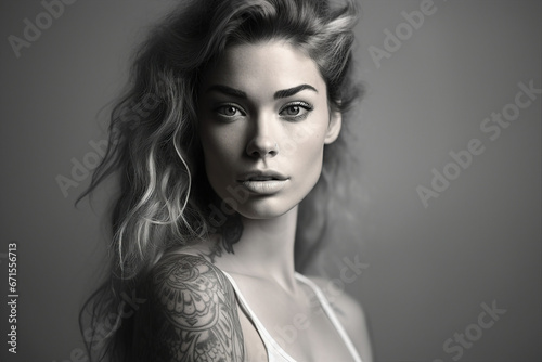 Black white gamma picture of beautiful woman with tattoo on her body created with generative AI technology