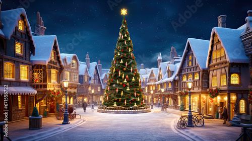 Christmas old historical village at magical winter night. Postproducted generative AI illustration.