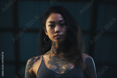 Generative ai photo of beautiful charming asian woman with tattoo on her body