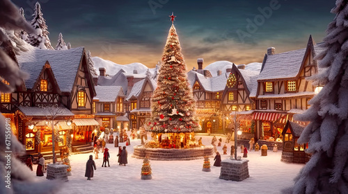 Christmas old village and decorated tree in the center with walking citizens. Postproducted generative AI illustration. © LeArchitecto