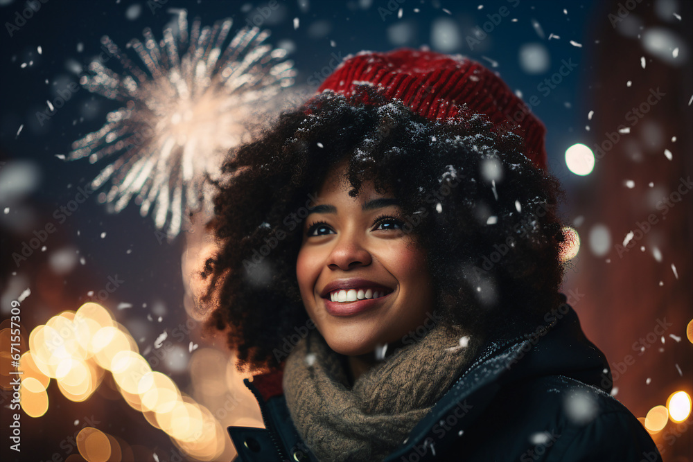 Magic christmas night with snow and fireworks made with Generative AI technology Magic christmas night with snow and fireworks made with Generative AI technology