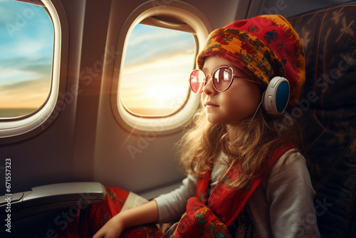 Little kid sitting inside plane first flight dreamy face looking illuminator Generative AI photo