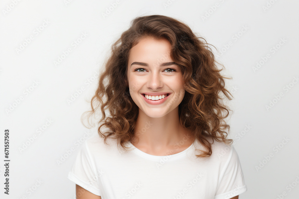 Generative AI illustration of young girl with curly hairdress beaming smiling over background Generative AI illustration of young girl with curly hairdress beaming smiling over background